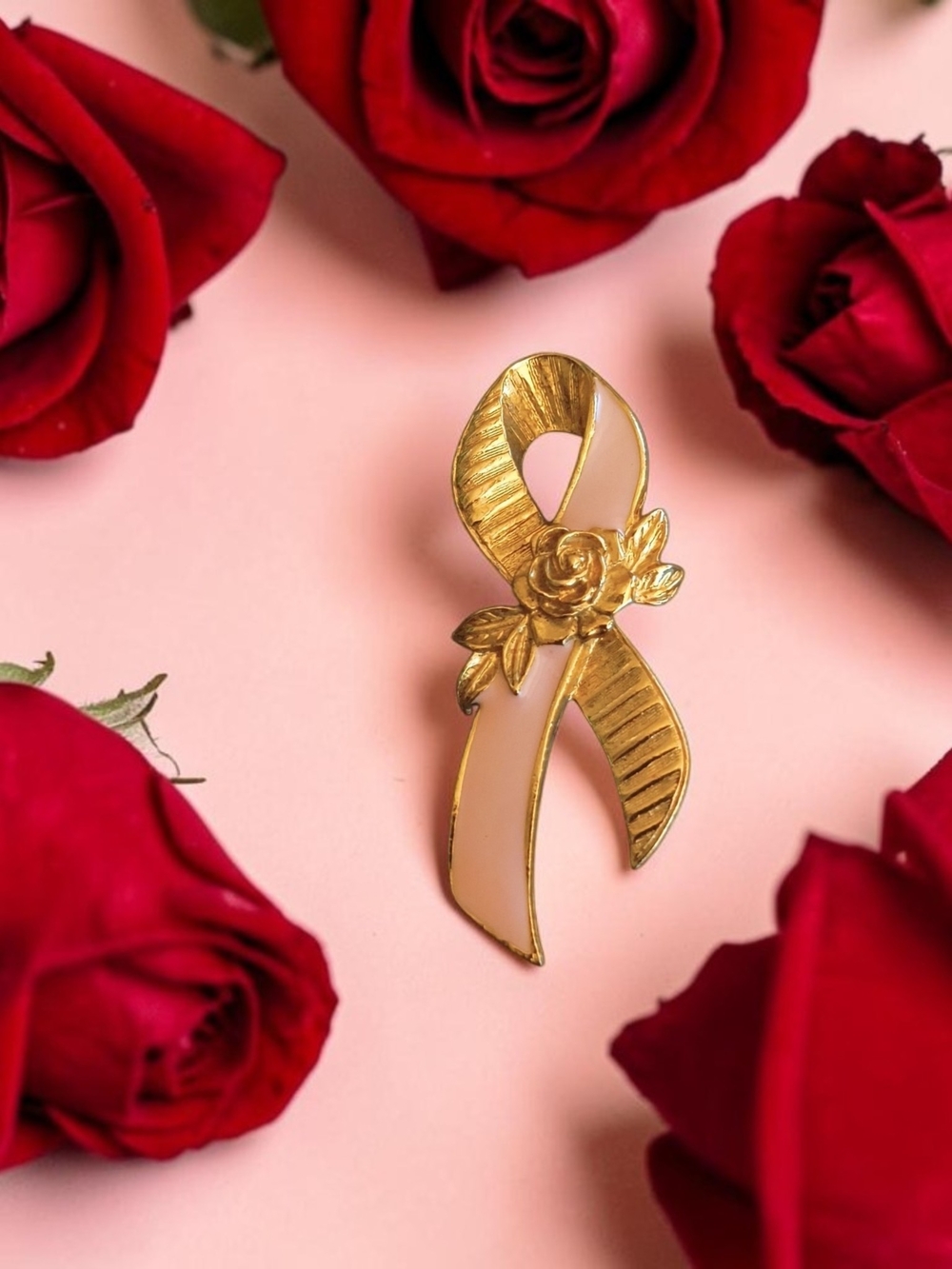 Avon Gold and Pink Ribbon Brooch